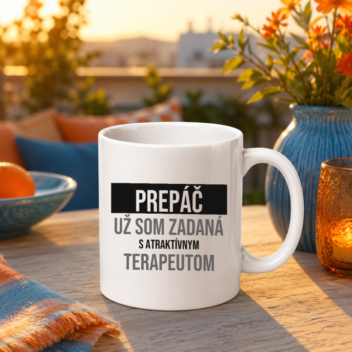 Prepáč, už som zadaná s atraktívnym terapeutom - keramický hrnček s potlačou