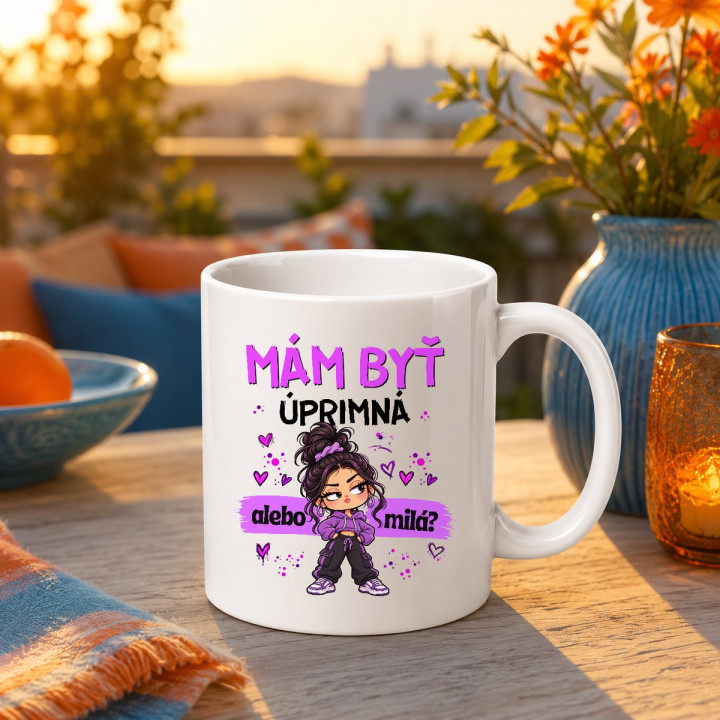 Mám byť úprimná alebo milá? - keramický hrnček s potlačou