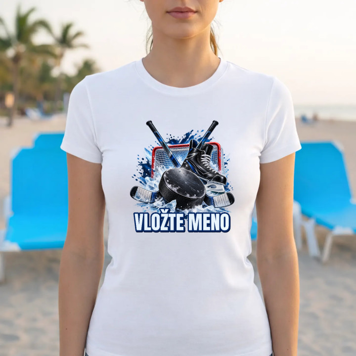 Hokej (meno) - puk, hokejky a korčule - dámske tričko s potlačou - personalizovaný produkt