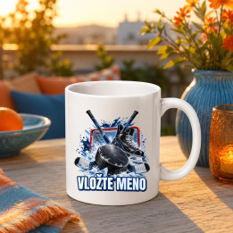 Hokej (meno) - puk, hokejky a korčule - keramický hrnček s potlačou - personalizovaný produkt