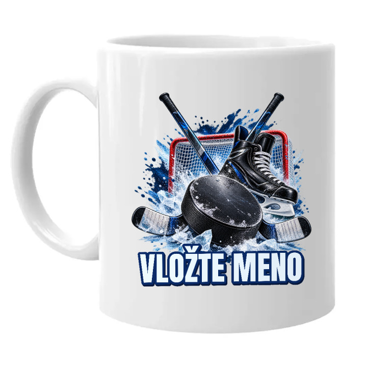 Hokej (meno) - puk, hokejky a korčule - keramický hrnček s potlačou - personalizovaný produkt