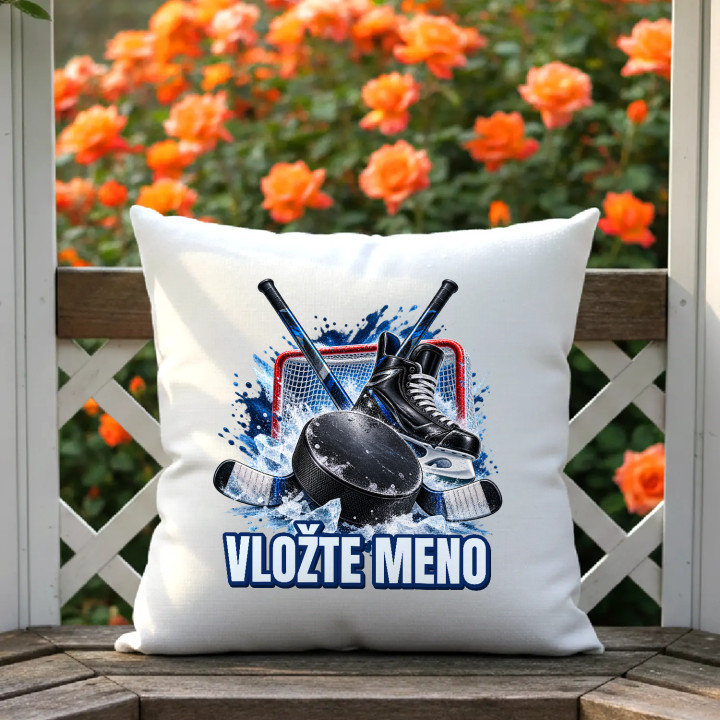 Hokej (meno) - puk, hokejky a korčule - vankúš s potlačou - personalizovaný produkt
