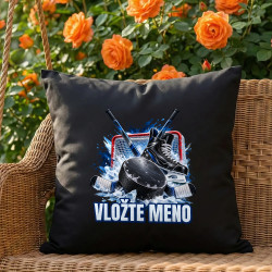 Hokej (meno) - puk, hokejky a korčule - čierny vankúš s potlačou - personalizovaný produkt