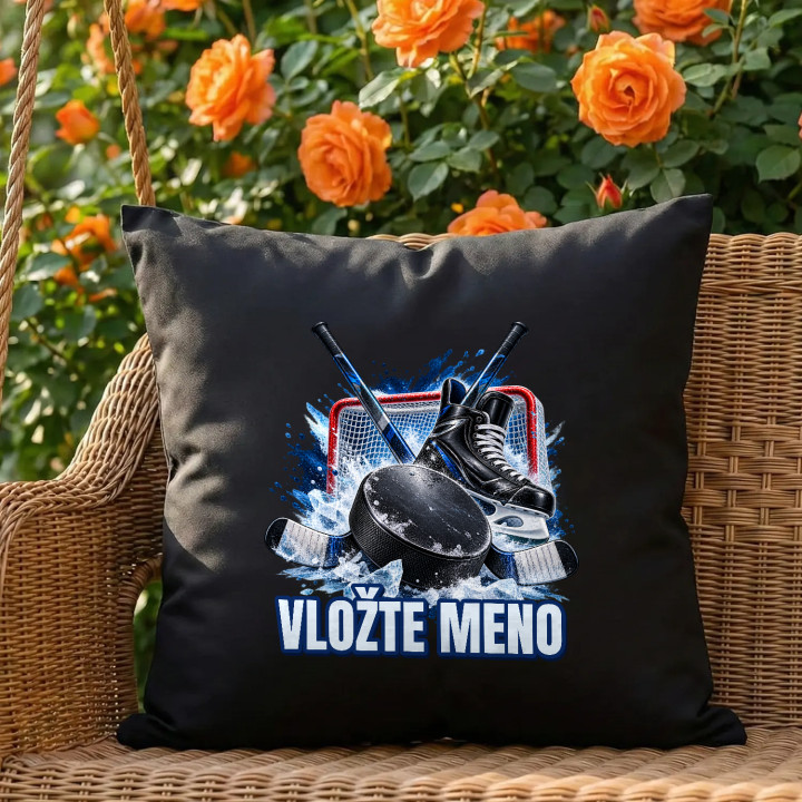 Hokej (meno) - puk, hokejky a korčule - čierny vankúš s potlačou - personalizovaný produkt