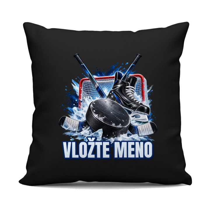 Hokej (meno) - puk, hokejky a korčule - čierny vankúš s potlačou - personalizovaný produkt