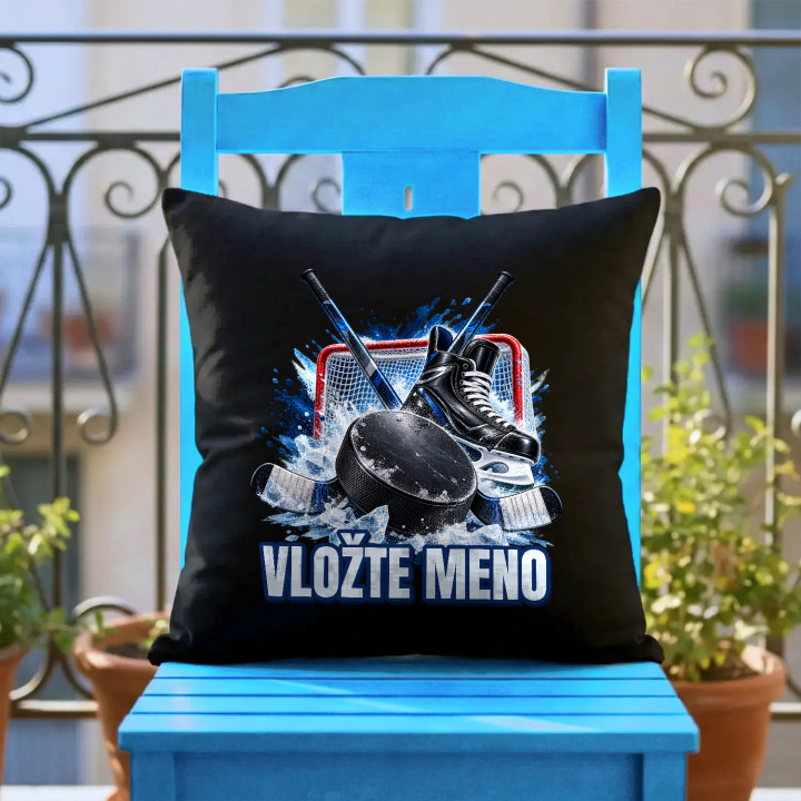 Hokej (meno) - puk, hokejky a korčule - čierny vankúš s potlačou - personalizovaný produkt