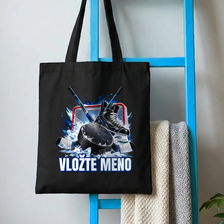 Hokej (meno) - puk, hokejky a korčule - bavlnená taška s potlačou - personalizovaný produkt
