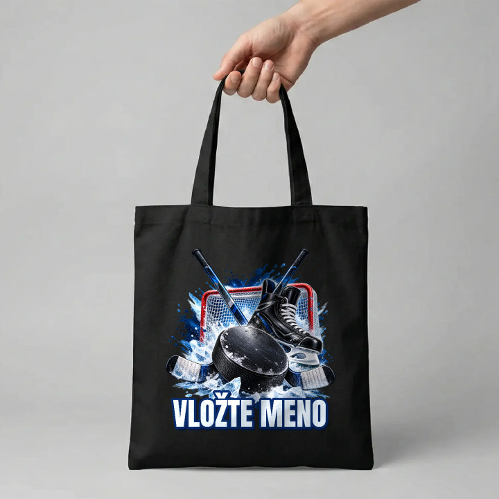 Hokej (meno) - puk, hokejky a korčule - bavlnená taška s potlačou - personalizovaný produkt