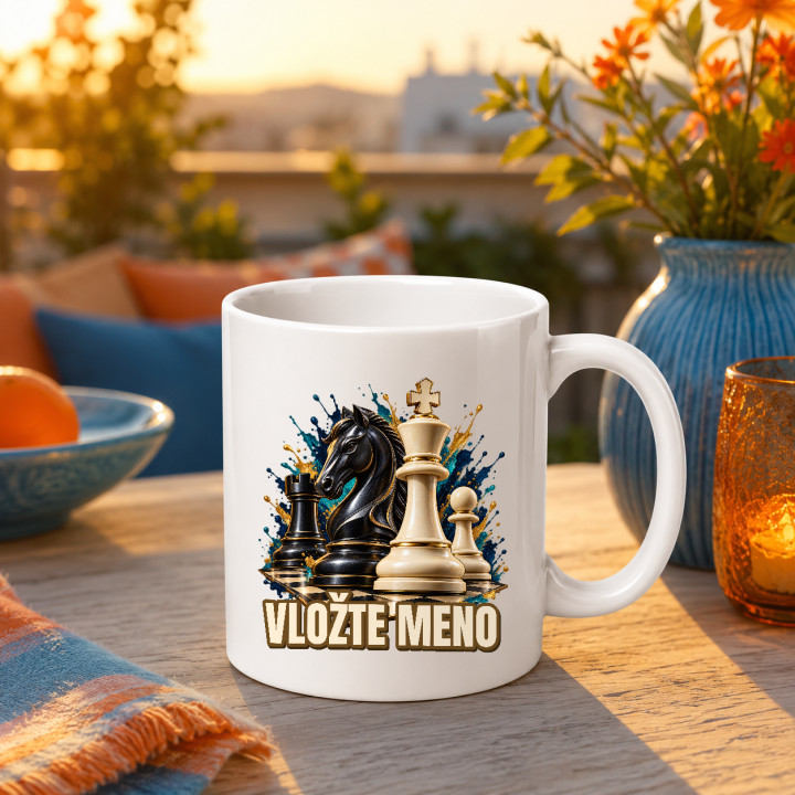 Šach (meno) - jazdec, kráľ a pešiak - keramický hrnček s potlačou - personalizovaný produkt