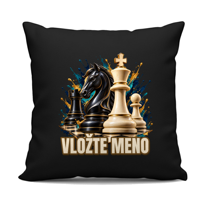 Šach (meno) - jazdec, kráľ a pešiak - čierny vankúš s potlačou - personalizovaný produkt