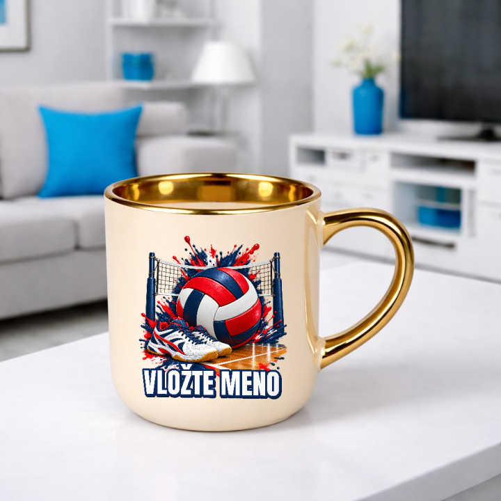 Volejbal (meno) - lopta, sieť a topánky - elegantný hrnček na darček - personalizovaný produkt