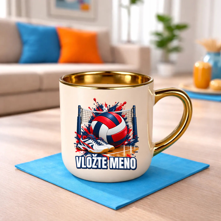 Volejbal (meno) - lopta, sieť a topánky - elegantný hrnček na darček - personalizovaný produkt