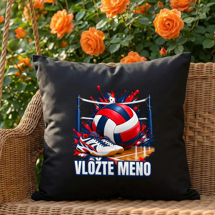 Volejbal (meno) - lopta, sieť a topánky - čierny vankúš s potlačou - personalizovaný produkt