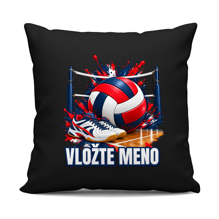 Volejbal (meno) - lopta, sieť a topánky - čierny vankúš s potlačou - personalizovaný produkt