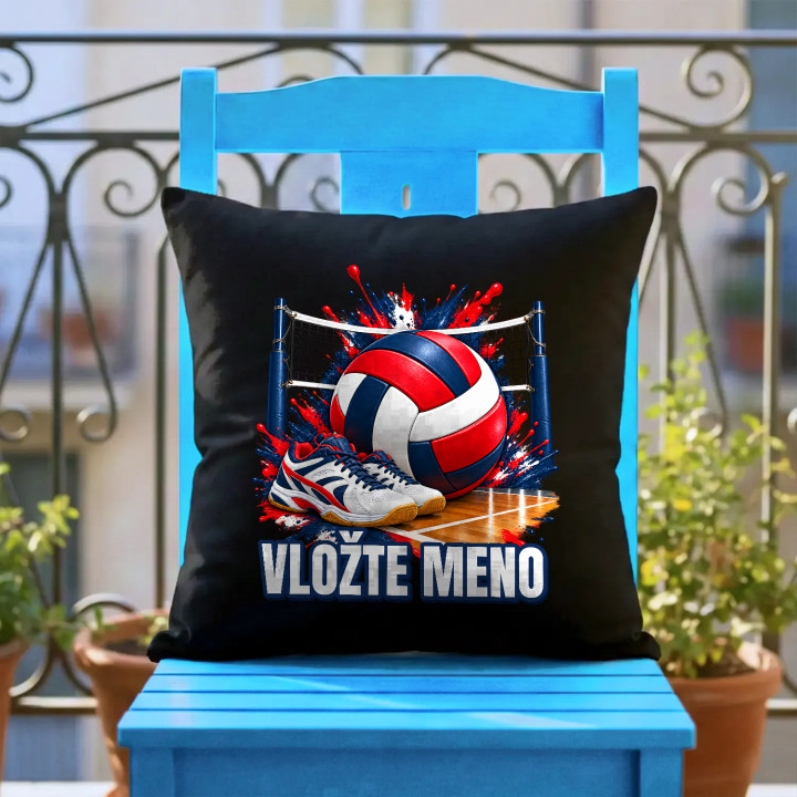 Volejbal (meno) - lopta, sieť a topánky - čierny vankúš s potlačou - personalizovaný produkt