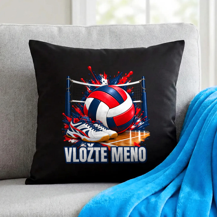 Volejbal (meno) - lopta, sieť a topánky - čierny vankúš s potlačou - personalizovaný produkt