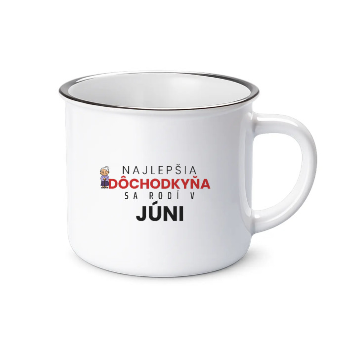 Najlepšia dôchodkyňa sa rodí v júni - smaltovaný hrnček s potlačou