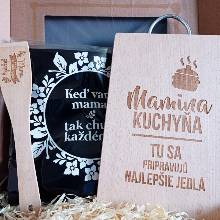 Darčeková sada pre mamu - zástera + doska na krájanie + špachtľa