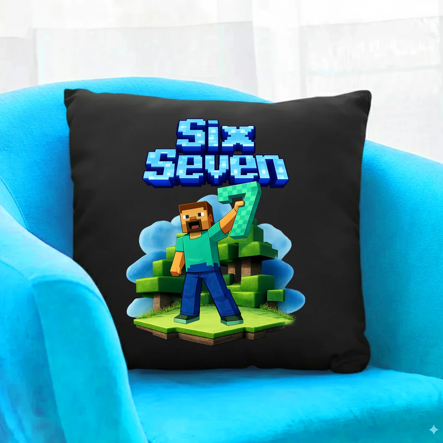 Steve 67 - Six Seven - čierny vankúš s potlačou - inspirované Minecraft
