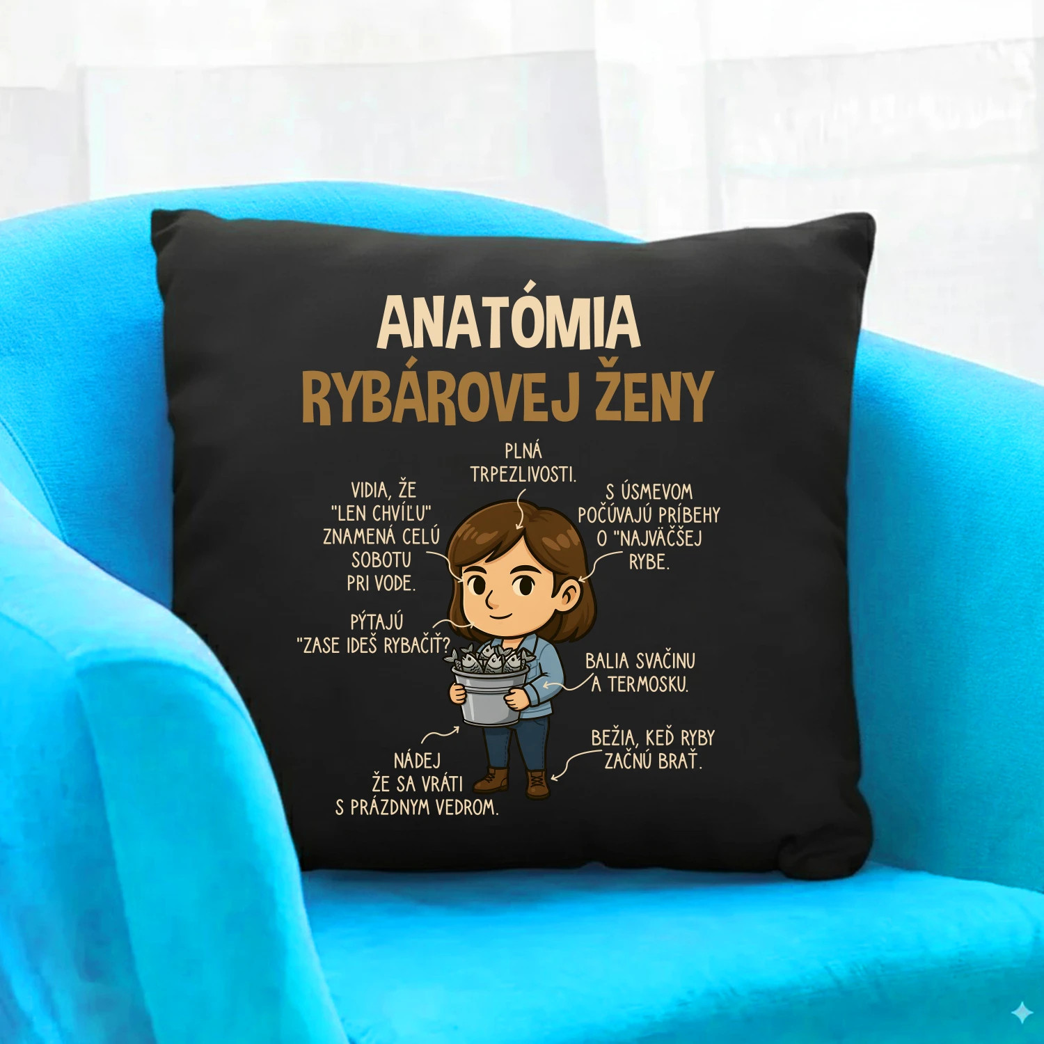 Anatómia rybárovej ženy - vtipný vankúš s potlačou